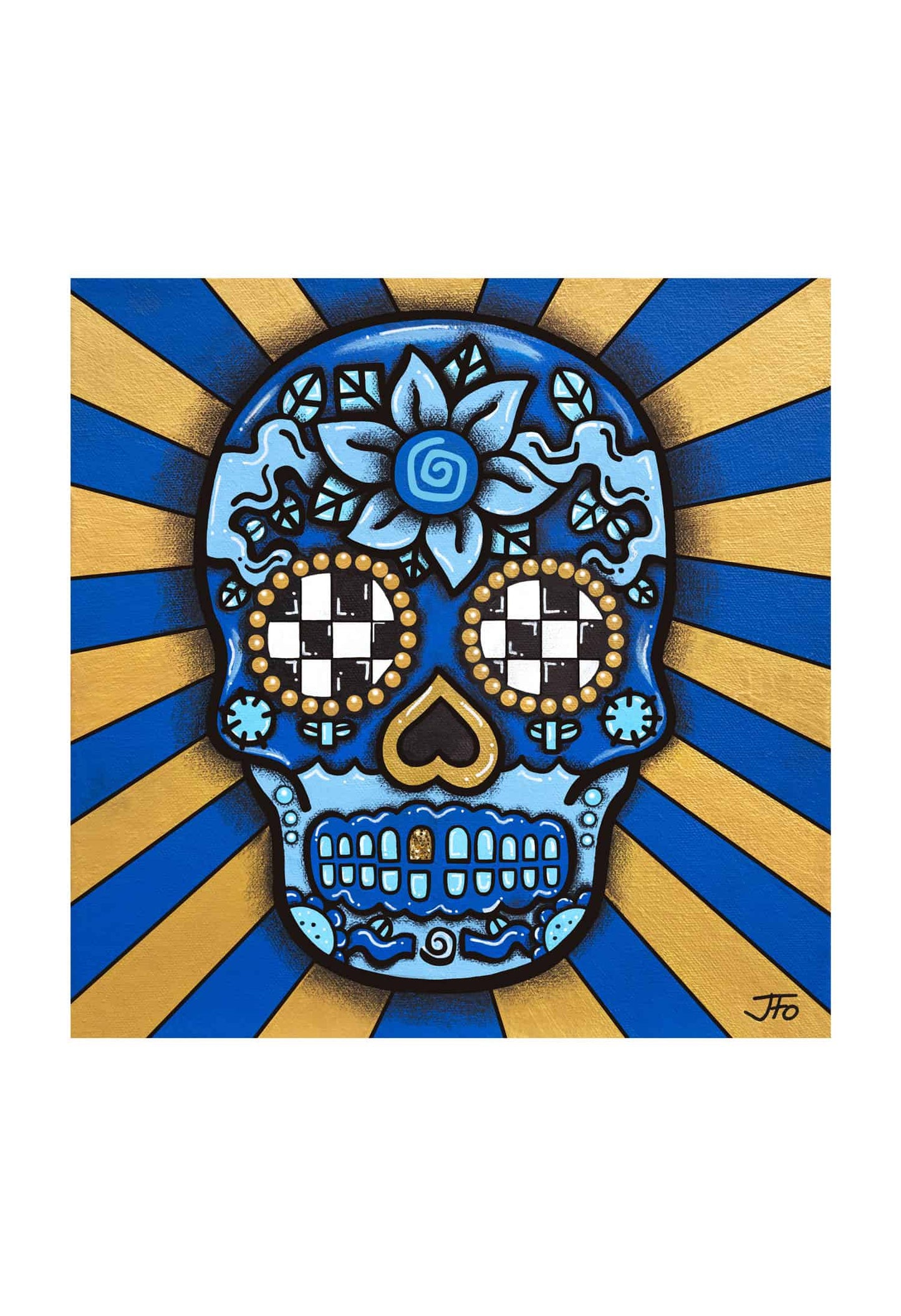 Original print by JFo Generation. Blue sugar skull with yellow-gold accents. Blue and gold-yellow radial striped background.