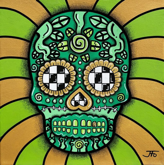 Original painting by JFo Generation. Green sugar skull with yellow accents. Yellow and green striped