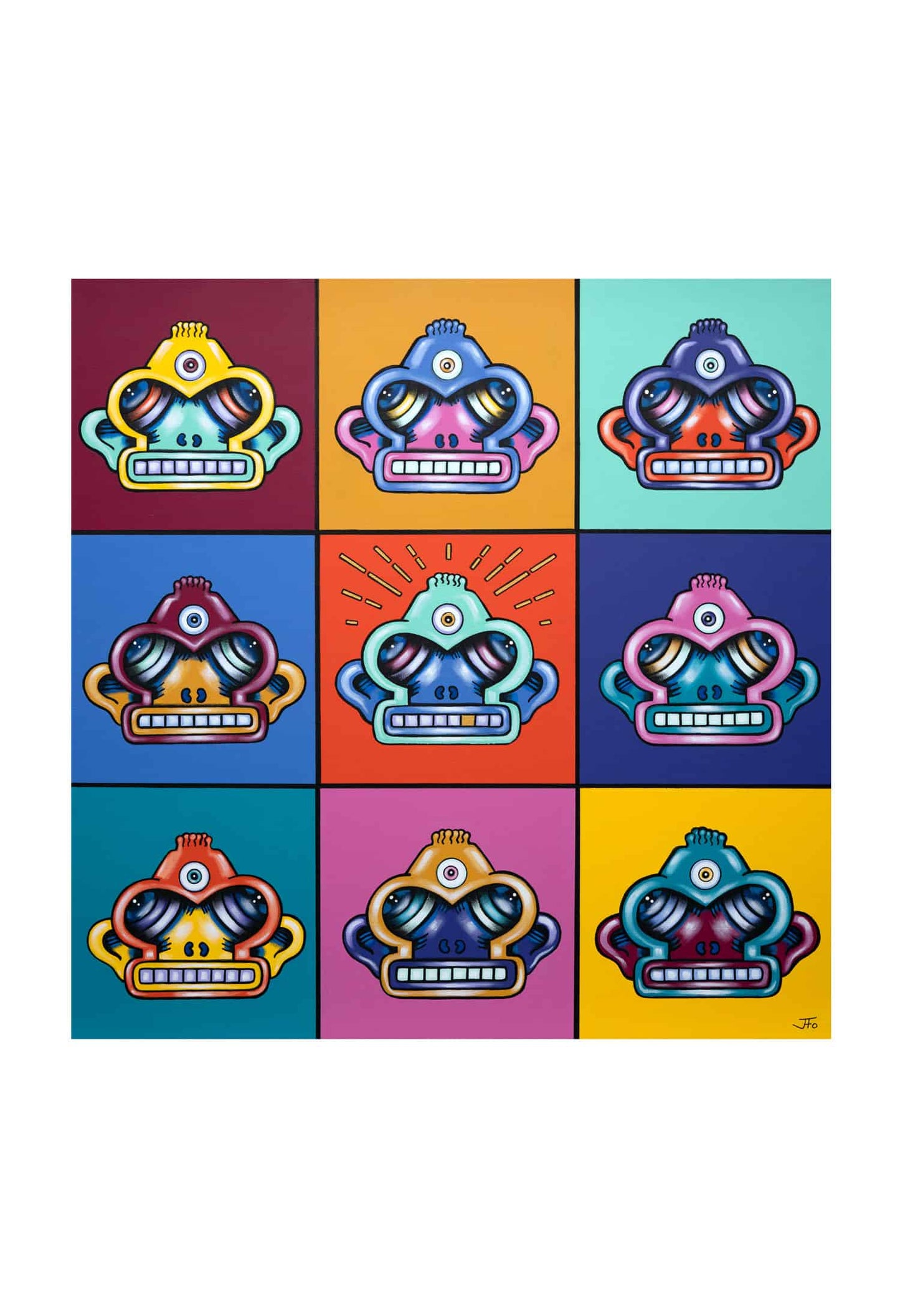 Original print by JFo Generation. 3x3 grid of monkeys, various colors and backgrounds.