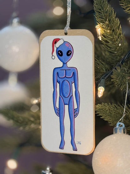 Wooden Ornament Blue Alien with Santa Hat