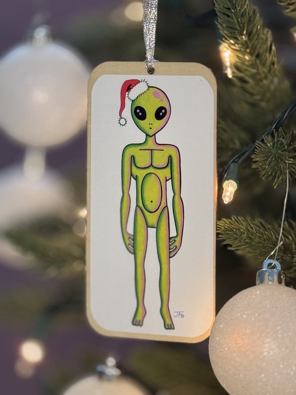 Wooden Ornament Green Alien with Santa Hat