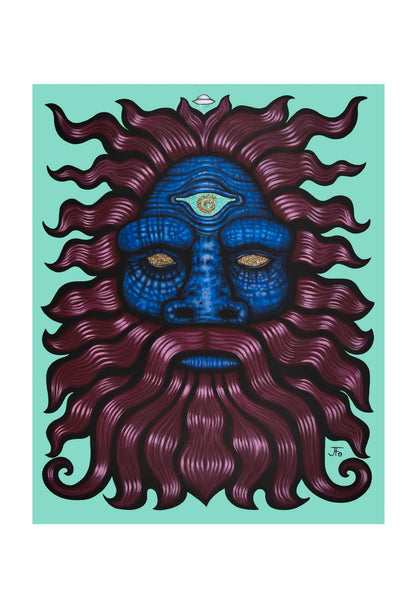 Original print by JFo Generation. Big foot with reddish hair and beard, blue skin, third eye. Teal background.