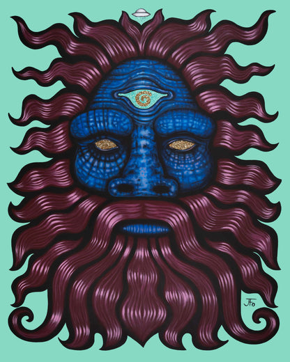 Original painting by JFo Generation. Big foot with reddish hair and beard, blue skin, third eye. Teal background.