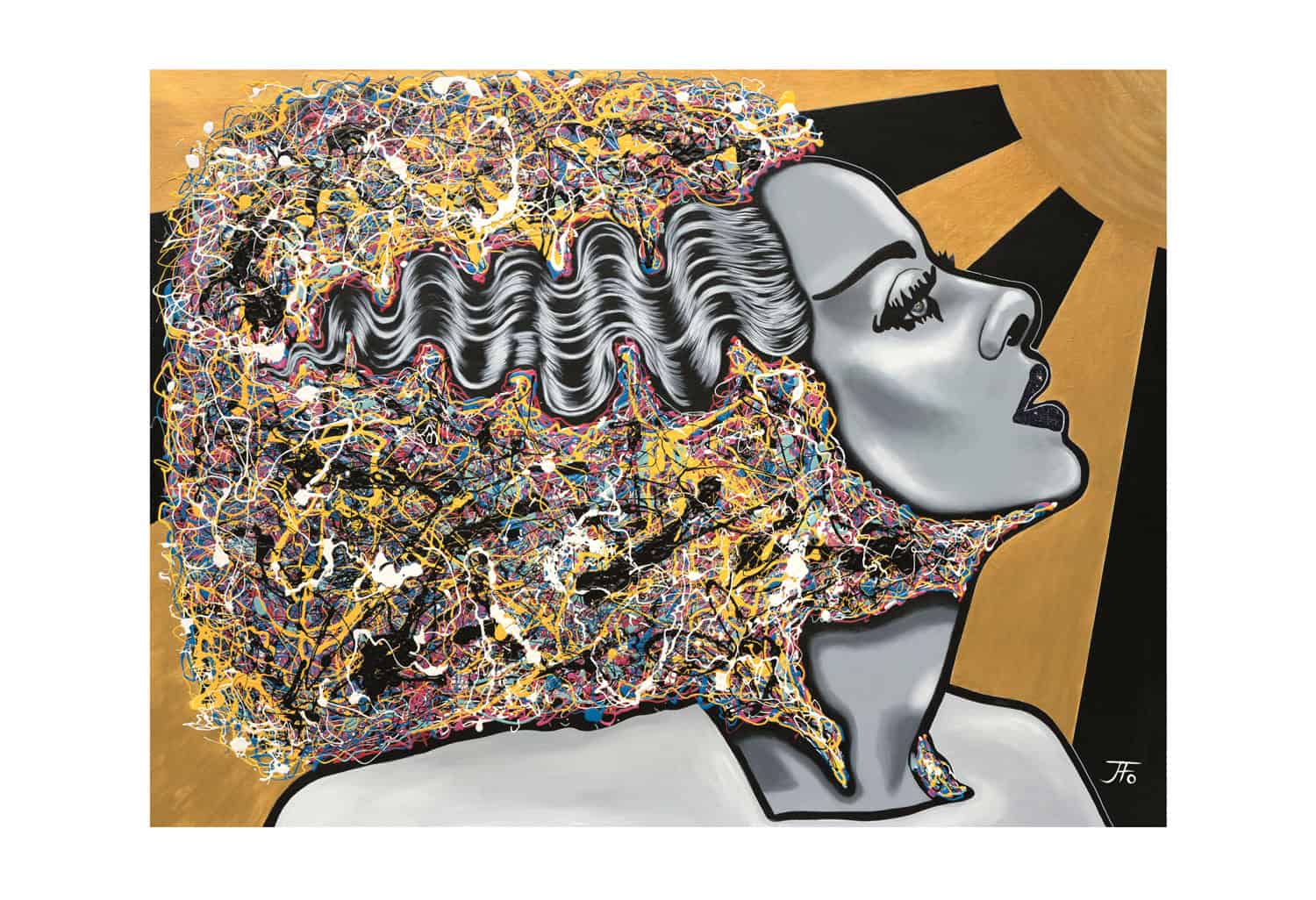 Original print by JFo Generation. Bride of Frankenstein, black and white. Colored paint-splattered hair. Goldish yellow and black background.