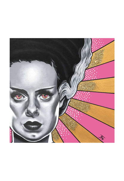 Original print by JFo Generation. Bride of Frankenstein, black and white with red eyes. Pink and yellow striped background.