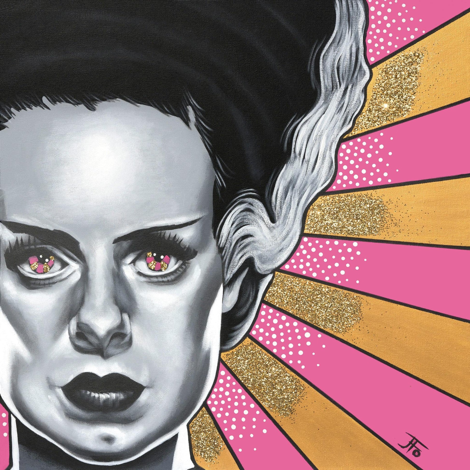 Original print by JFo Generation. Bride of Frankenstein, black and white with red eyes. Pink and yellow striped background.