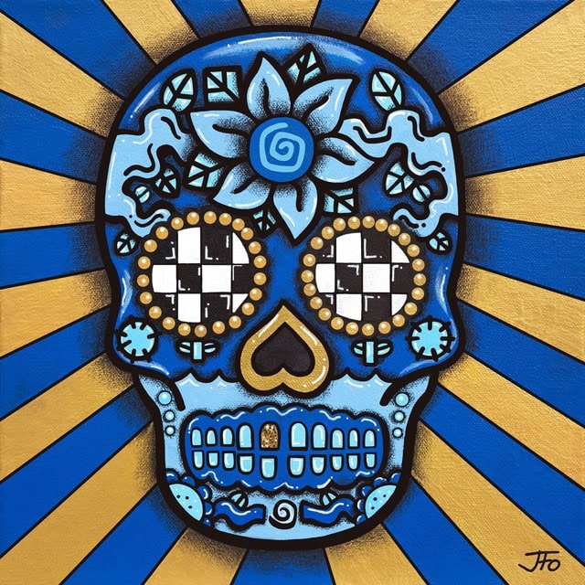 Original painting by JFo Generation. Blue sugar skull with yellow-gold accents. Blue and gold-yellow radial striped background.