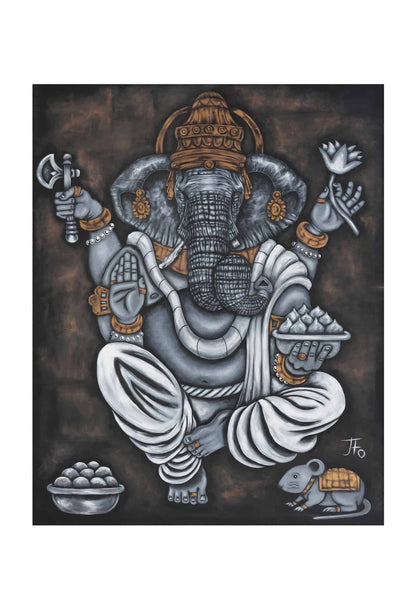 Original print by JFo Generation. Ganesha holding an axe, rose, and bowl. Brown background. Grey Ganesha with muted gold accents.