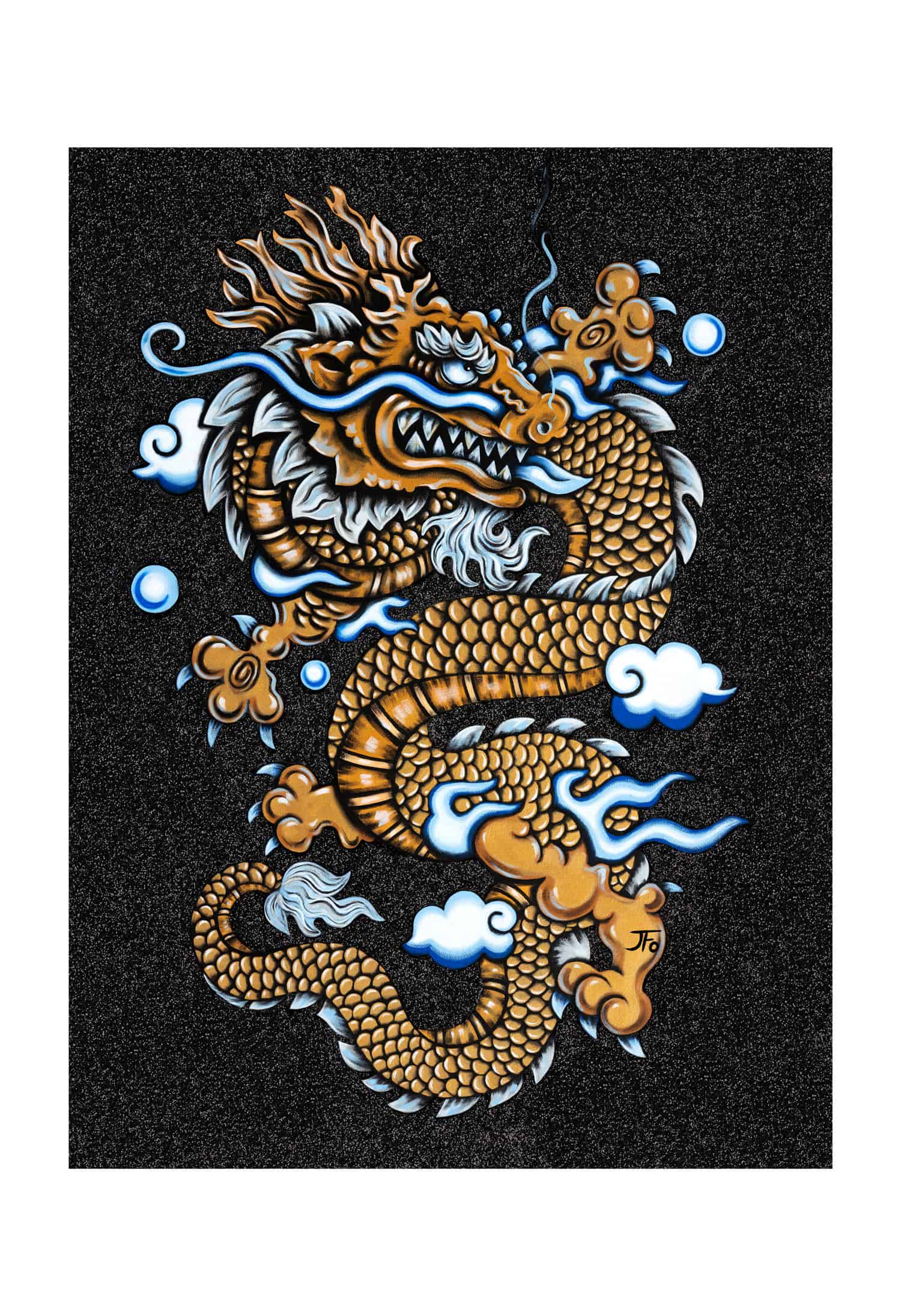 Original print by JFo Generation. Gold dragon with light blue accents. Black texture background.