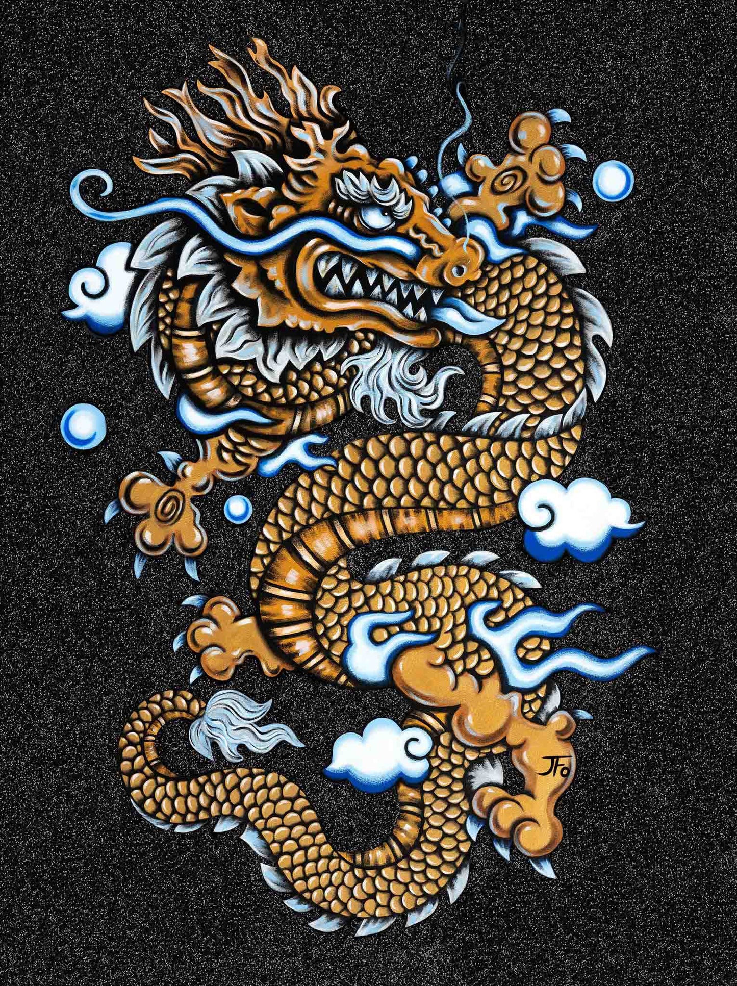 Original painting by JFo Generation. Gold dragon with light blue accents. Black texture background.