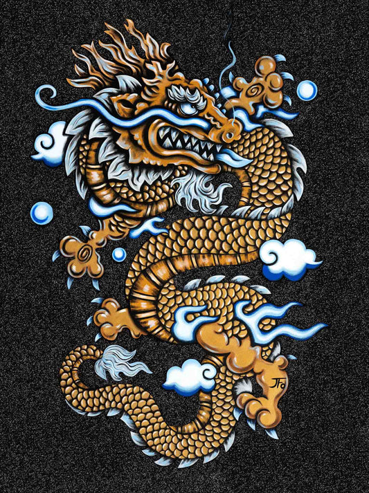 Original painting by JFo Generation. Gold dragon with light blue accents. Black texture background.