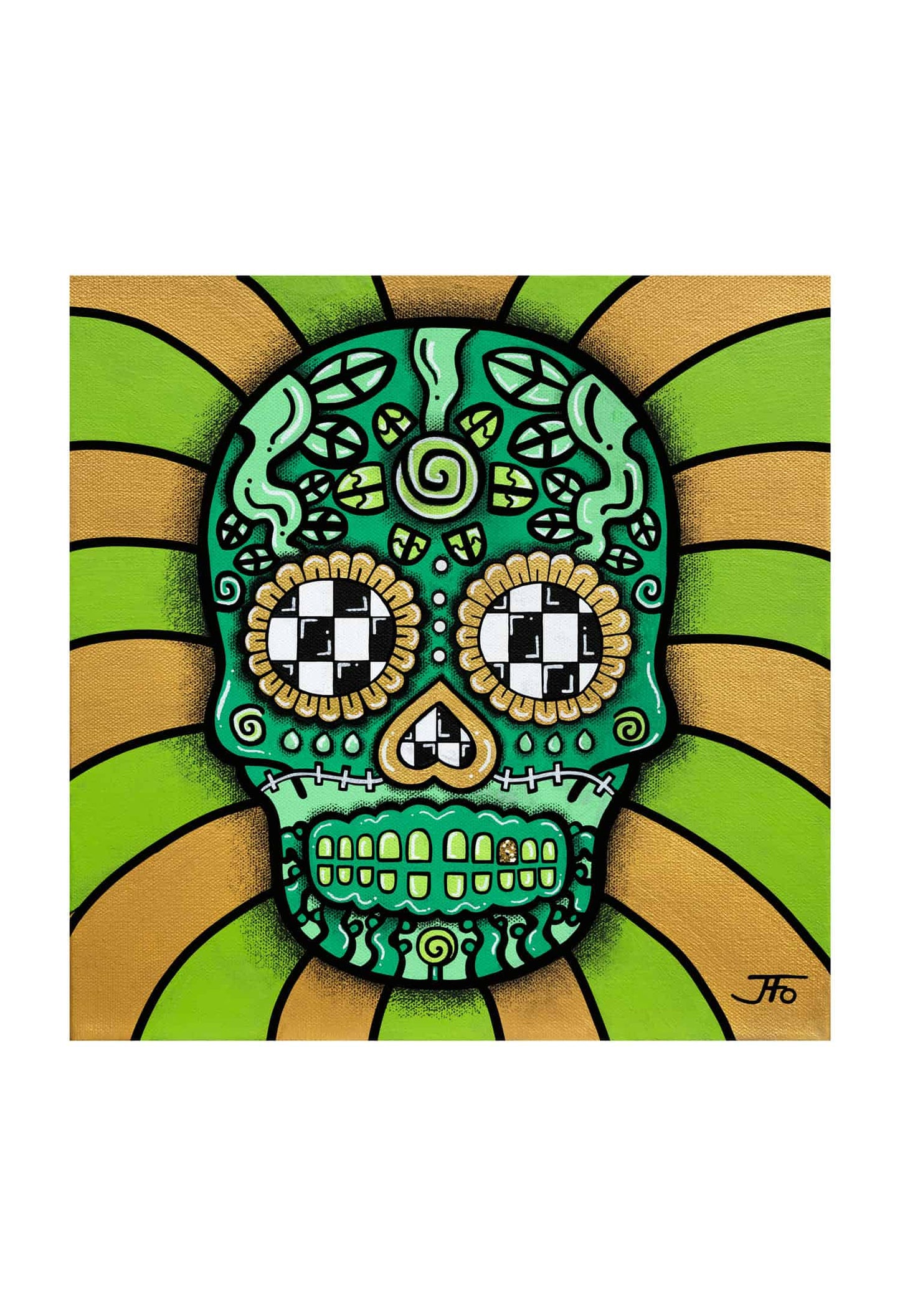 Original print by JFo Generation. Green sugar skull with yellow accents. Yellow and green striped pattern background.