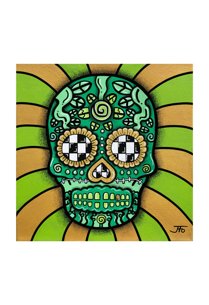 Original print by JFo Generation. Green sugar skull with yellow accents. Yellow and green striped pattern background.