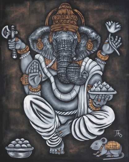 Original painting by JFo Generation. Ganesha holding an axe, rose, and bowl. Brown background. Grey Ganesha with muted gold accents.