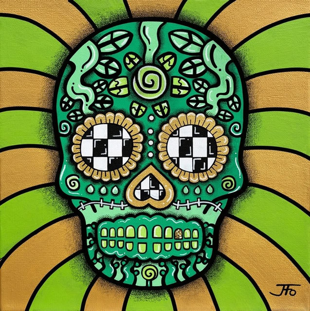 Original painting by JFo Generation. Green sugar skull with yellow accents. Yellow and green striped 