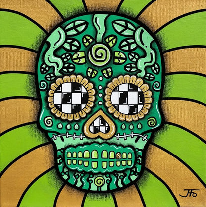 Original painting by JFo Generation. Green sugar skull with yellow accents. Yellow and green striped 