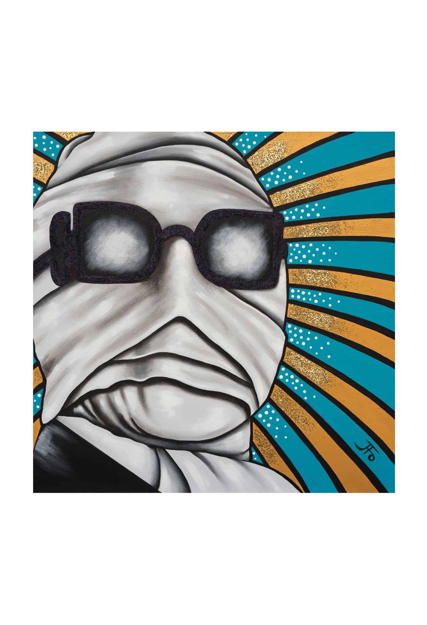 Original print by JFo Generation. Black and white invisible man. Gold and teal striped background.