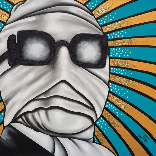 Original painting by JFo Generation. Black and white invisible man. Gold and teal striped background.