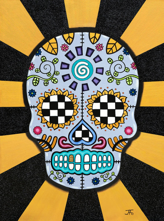 Original painting by JFo Generation. Sugar Skull with colorful elements. Yellow and black lined background.