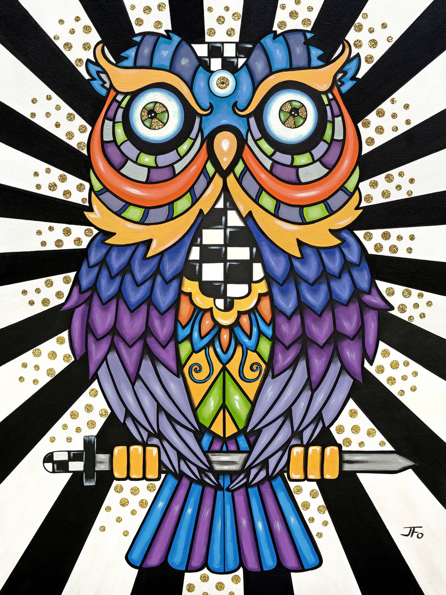 Original painting by JFo Generation. Blue and purple owl with orange, yellow, and green accents. Black and white striped radial background.