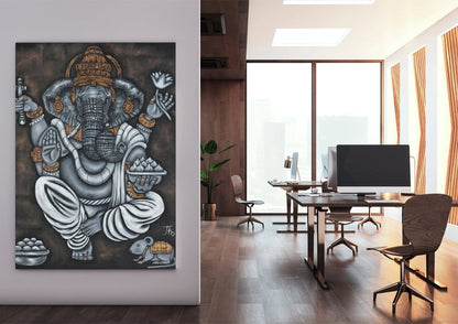 Original Ganesha painting hung on wall in office setting.