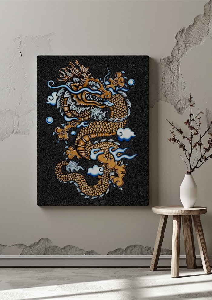 Original Gold Dragon painting hung on wall.