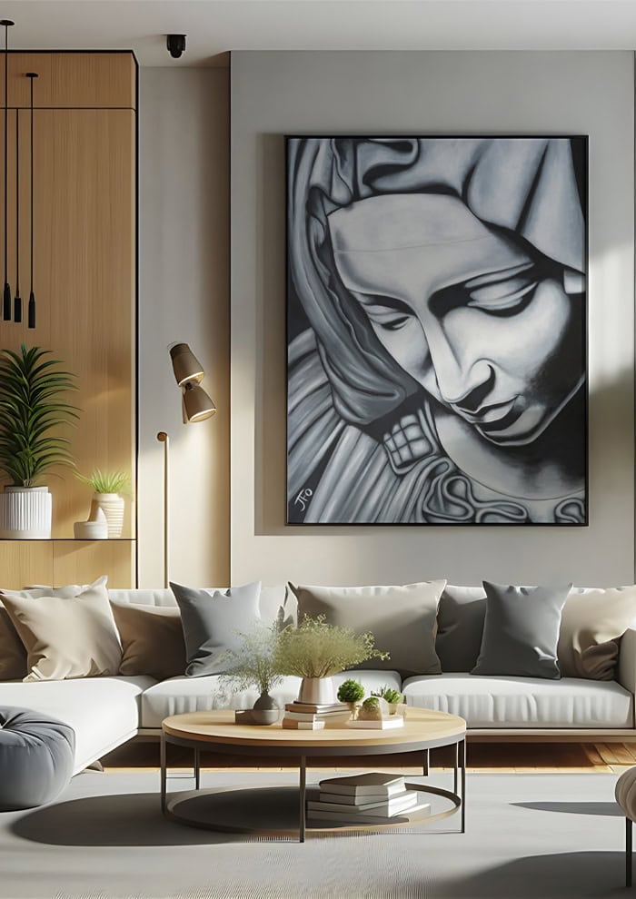 Original Pieta painting hung on wall above couch in sunny living room.