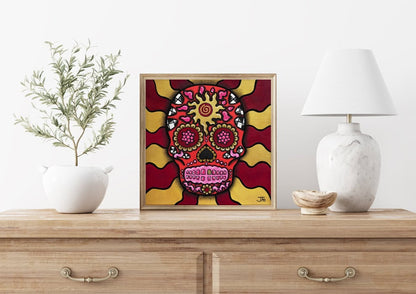 Original Red Sugar Skull resting on dresser.