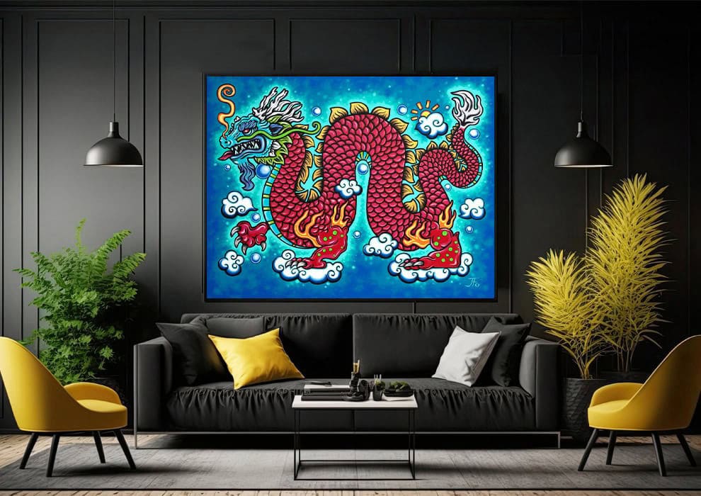 Original Red Dragon painting framed and hung on wall above couch.