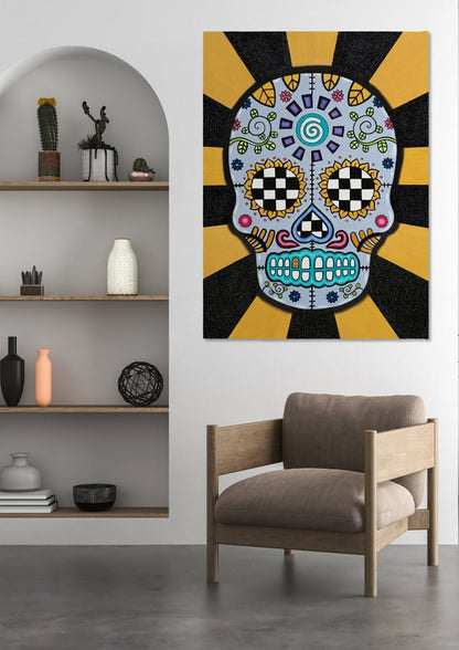 Original Sugar Skull painting hung on wall above chair.