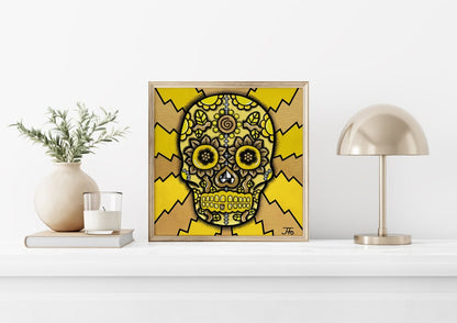 Original Yellow Sugar Skull resting on shelf.