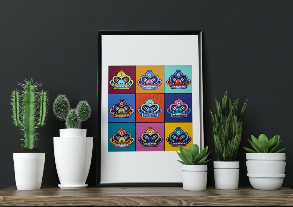 The 100th Monkey print framed sitting on shelf