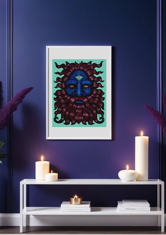 Bigfoot print framed hanging on purple wall.