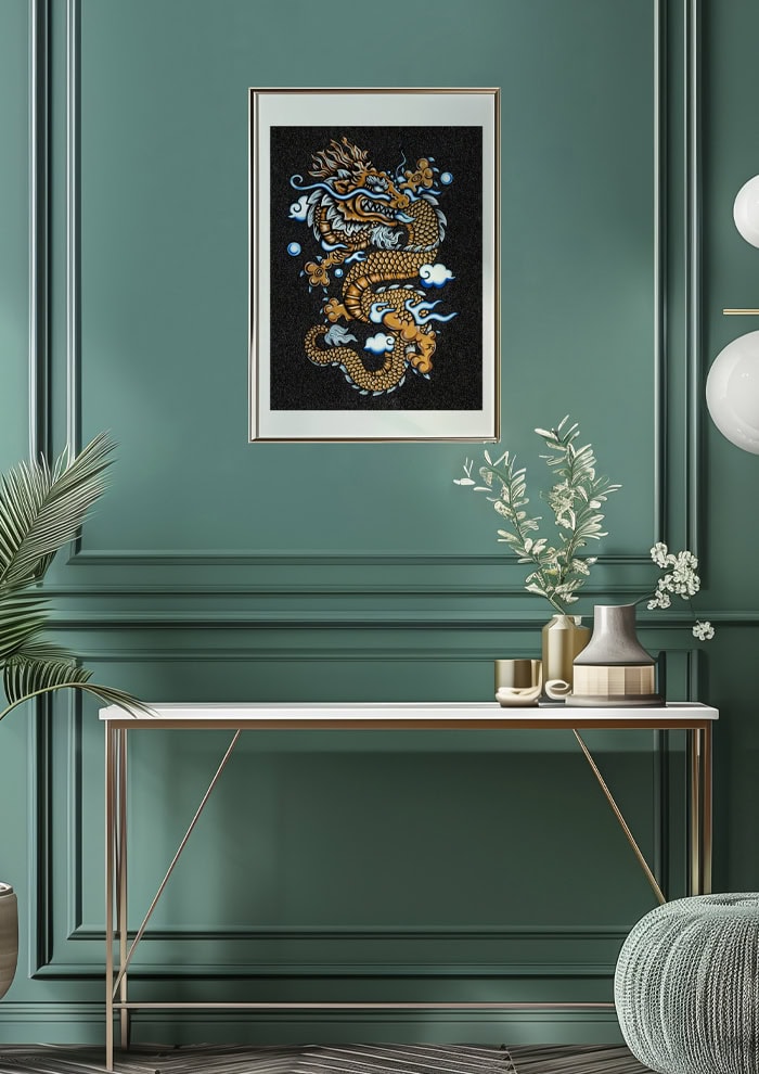 Gold Dragon print framed and hung on teal wall.