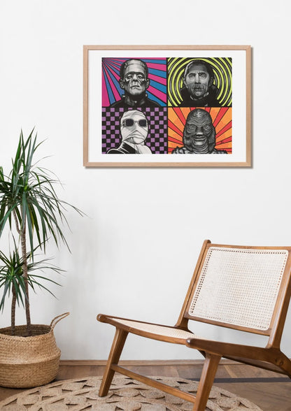 Monsters print framed and hung on wall above chair and plant.