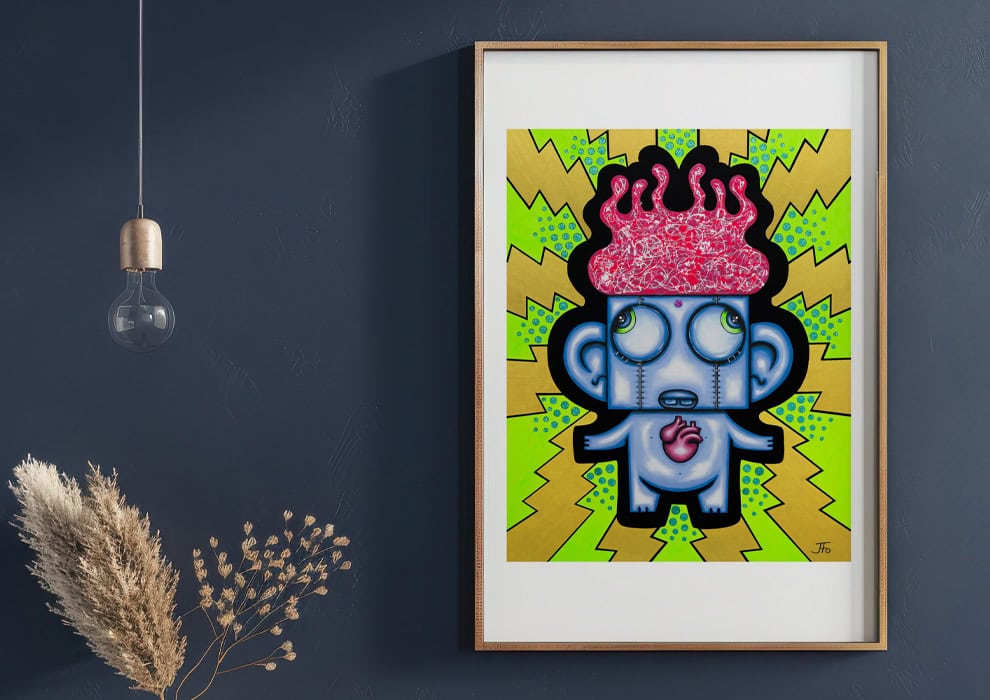 Troll Heart print framed and hanging on wall.