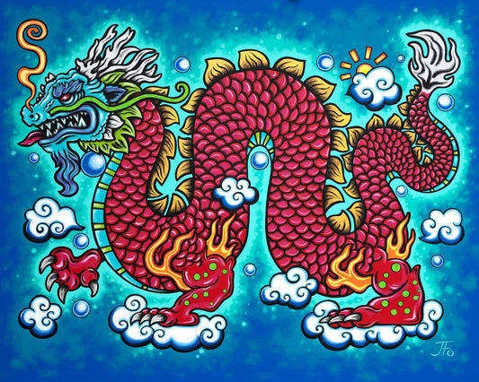 Original painting by JFo Generation. Red dragon with gold, green, and white accents. Blue background.