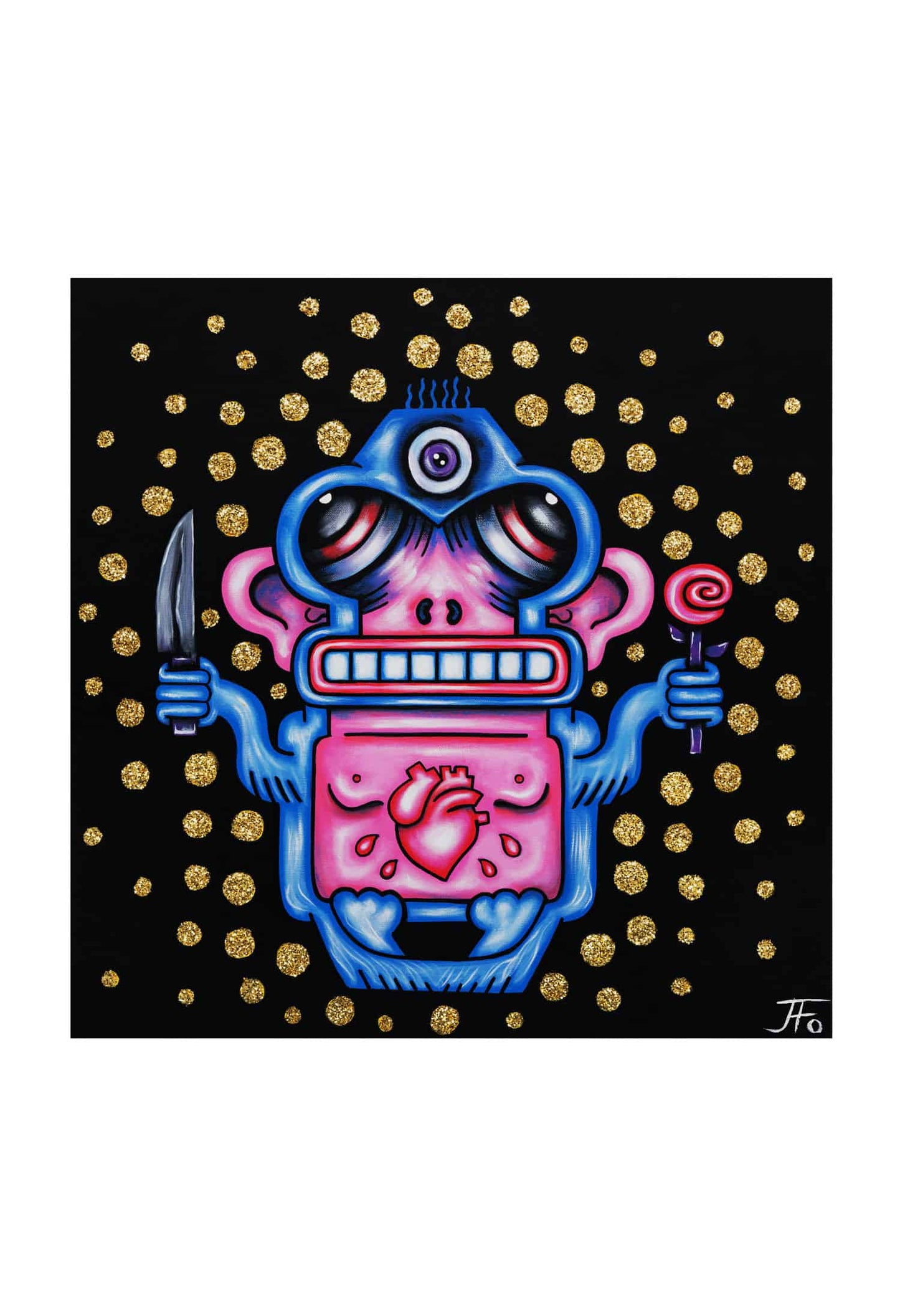 Original print by JFo Generation. Blue and pink monkey holding a knife and rose. Three eyes. Visible heart in chest. Black background with gold circles.