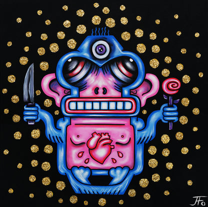 Original painting by JFo Generation. Blue and pink monkey holding a knife and rose. Three eyes. Visible heart in chest. Black background with gold circles.