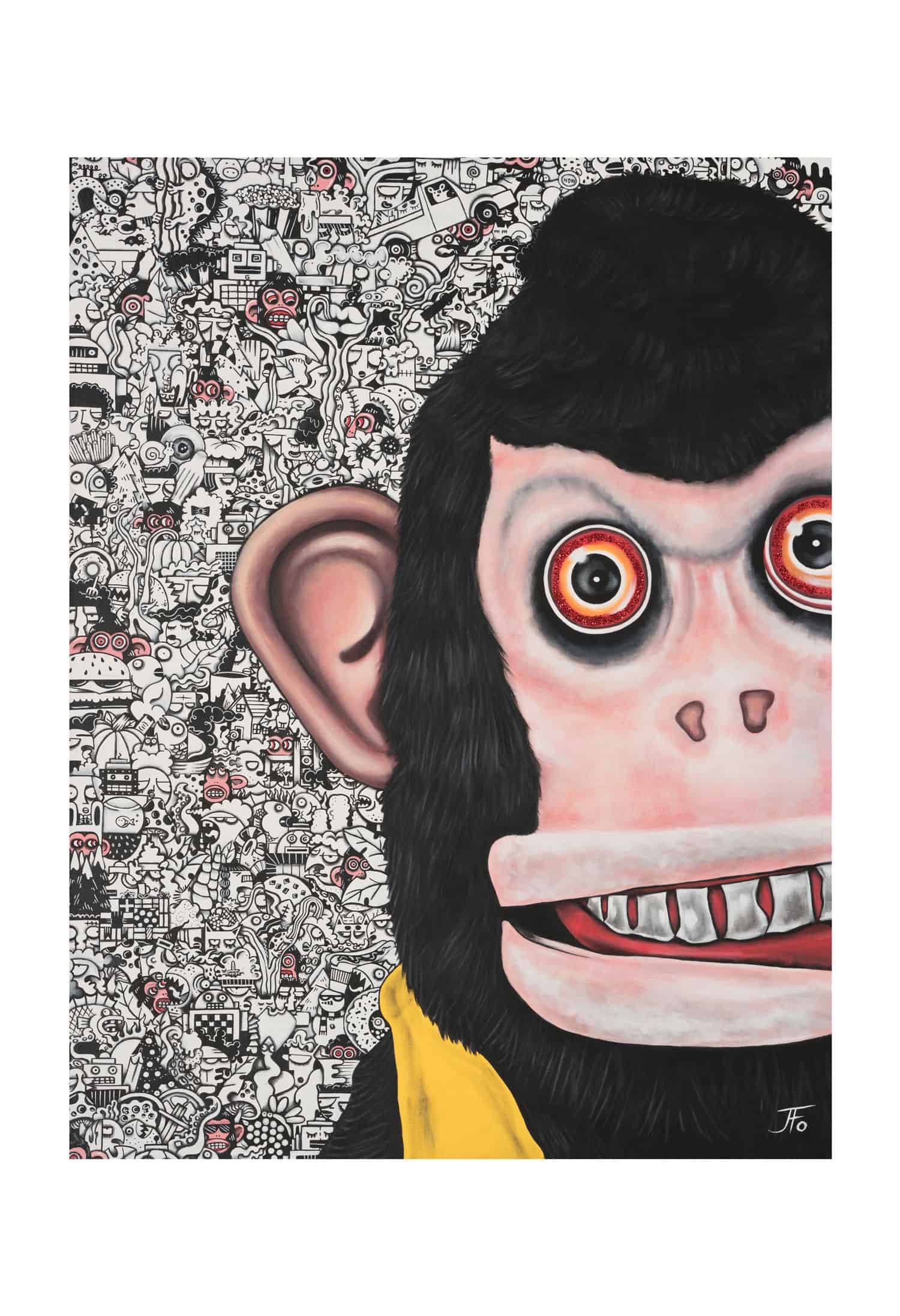 Original print by JFo Generation. Monkey toy peeking around corner of print. Wearing a yellow vest. Doodle-collage background, black and white with pink accents.