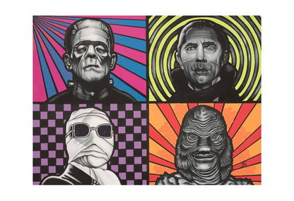 Original print by JFo Generation. Four Monsters in a 2x2 grid, all painted in black and white with colored backgrounds. Frankenstein in top left with blue and pink background. Vampire in top right with green and black radial background. Invisible man in bottom left with checkered pink and black background. Creature from the black lagoon in bottom right with orange and red background.