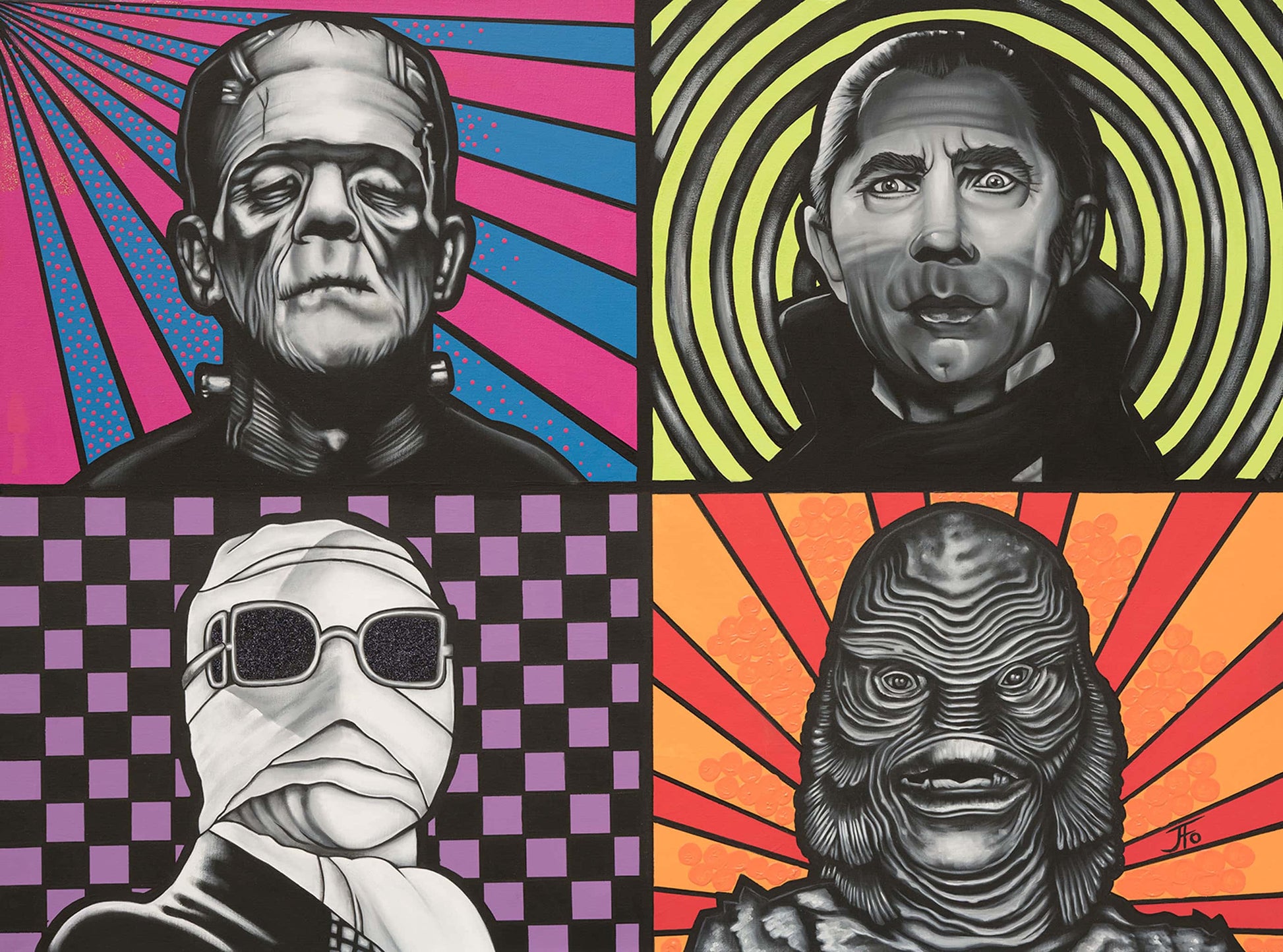 Original painting by JFo Generation. Four Monsters in a 2x2 grid, all painted in black and white with colored backgrounds. Frankenstein in top left with blue and pink background. Vampire in top right with green and black radial background. Invisible man in bottom left with checkered pink and black background. Creature from the black lagoon in bottom right with orange and red background.