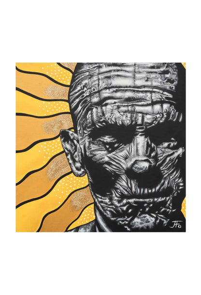 Original print by JFo Generation. Black and white mummy with yellow squiggle background.