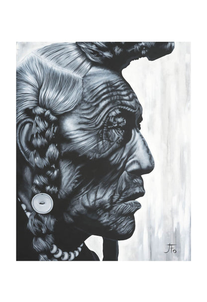 Original print by JFo Generation. Side profile of Native American with various braids. Black and white painting.