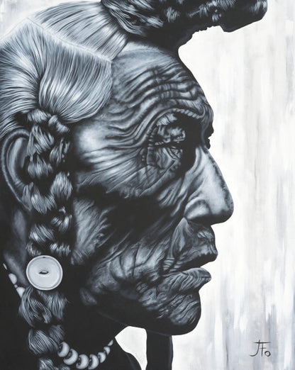 Original painting by JFo Generation. Side profile of Native American with various braids. Black and white painting.