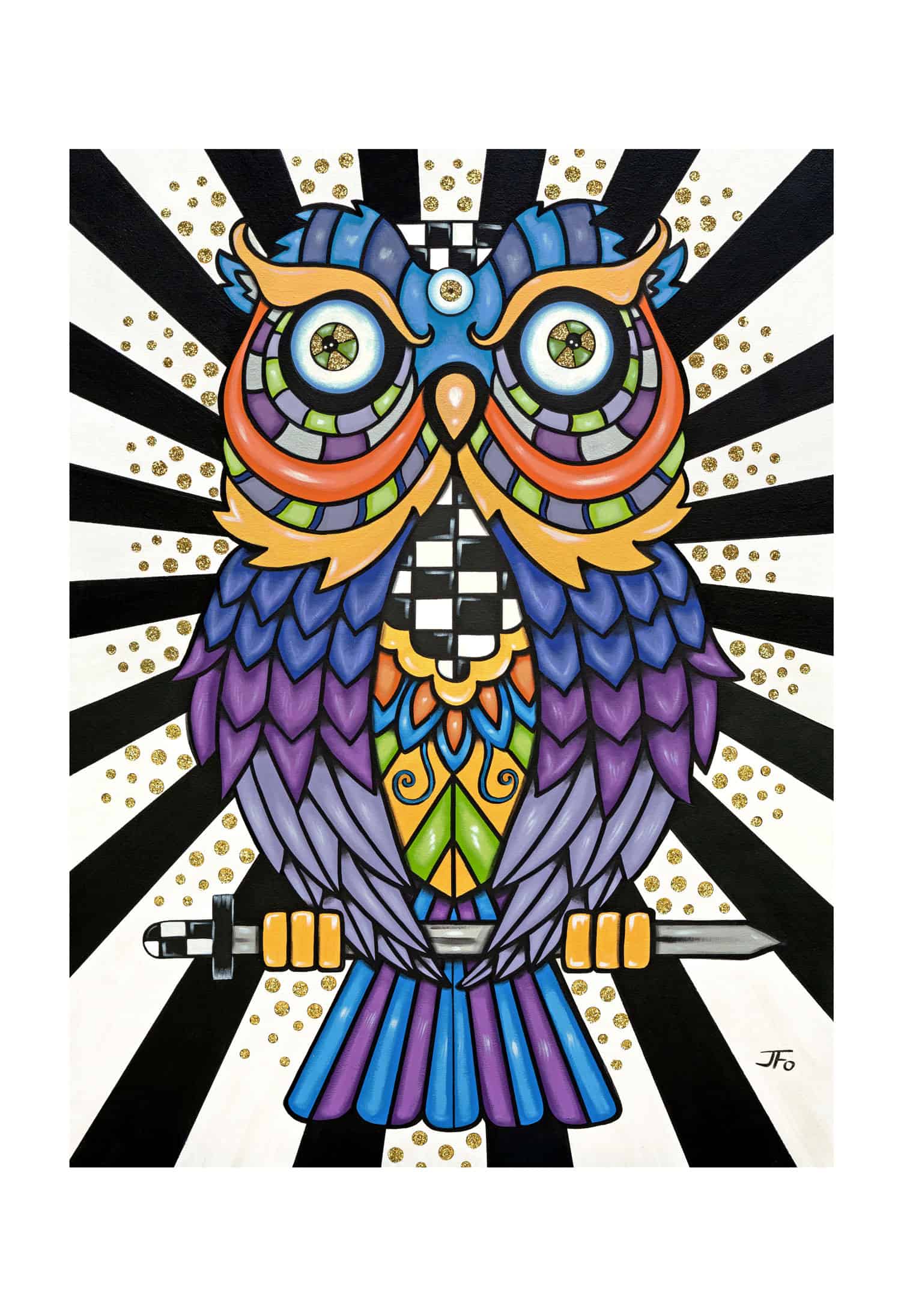 Original print by JFo Generation. Blue and purple owl with orange, yellow, and green accents. Black and white striped radial background.