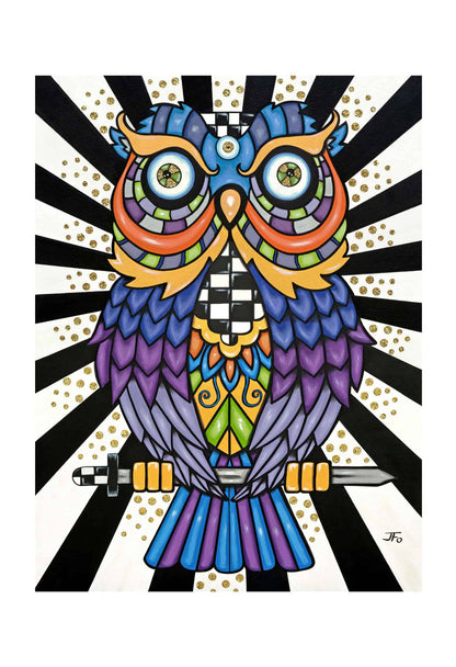 Original print by JFo Generation. Blue and purple owl with orange, yellow, and green accents. Black and white striped radial background.