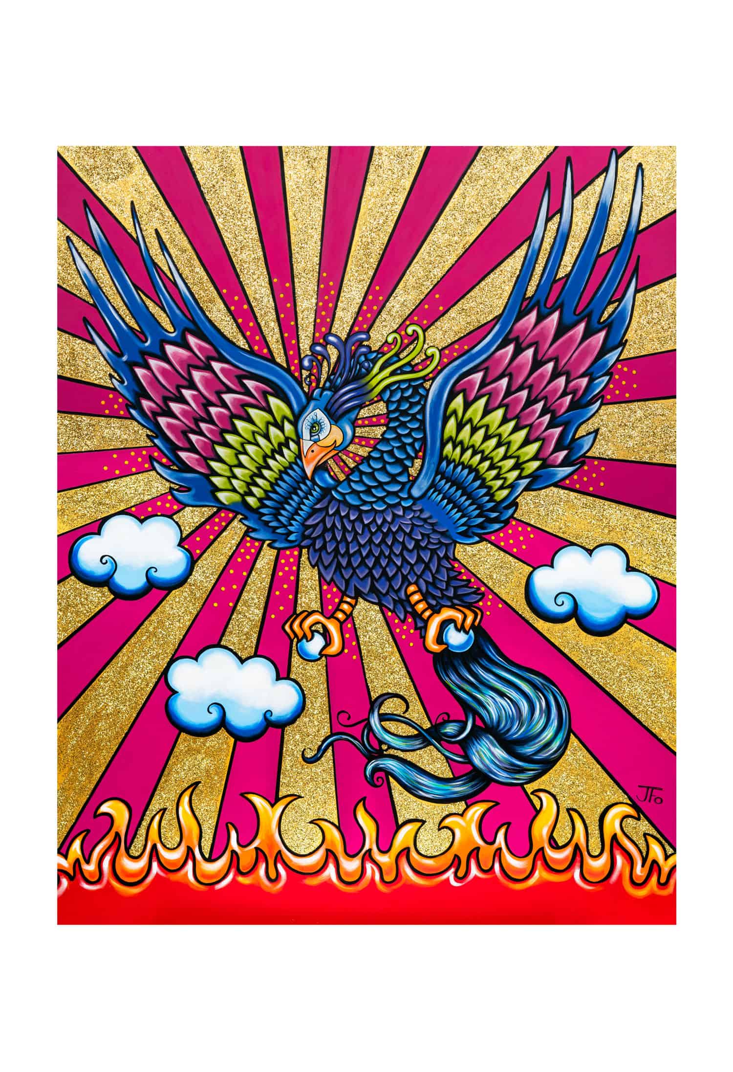 Original print by JFo Generation. Phoenix blue bird flying above fire. Gold and pink background, stripes.