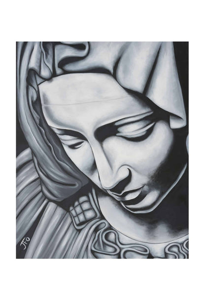 Original print by JFo Generation. Painting of Mary sculpture. Grey, black, and white.