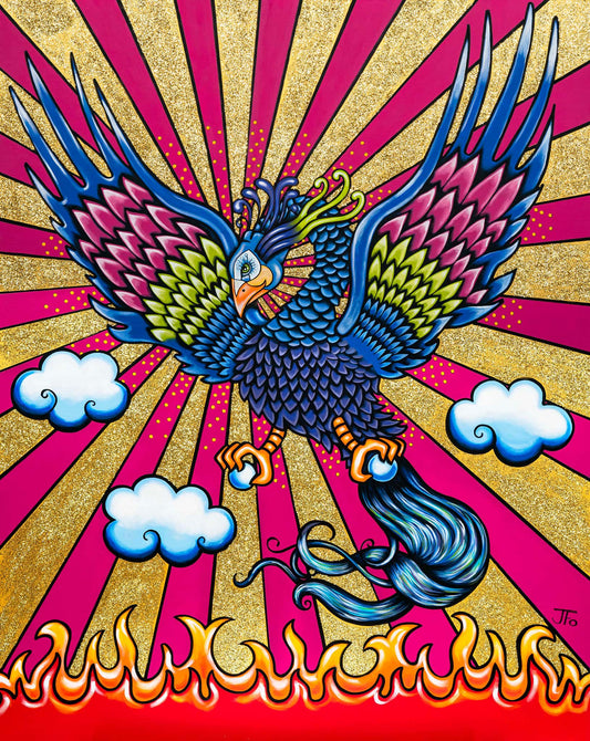 Original painting by JFo Generation. Phoenix blue bird flying above fire. Gold and pink background, stripes.